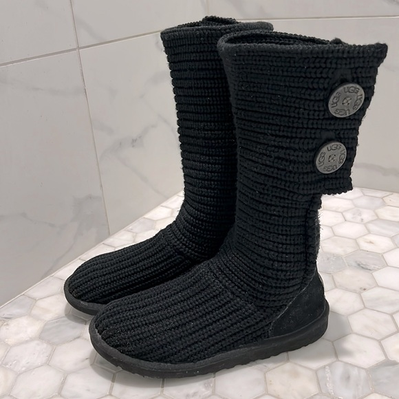UGG Classic Cardy Wool Knit Black Fold Over Slouchy Boots Shoe Kids Size Y4 - Picture 4 of 17